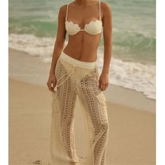Cute Option Coachella Crochet White 100% Cotton Pants Boho Beachy Cover Up NWT M - Picture 3 of 12